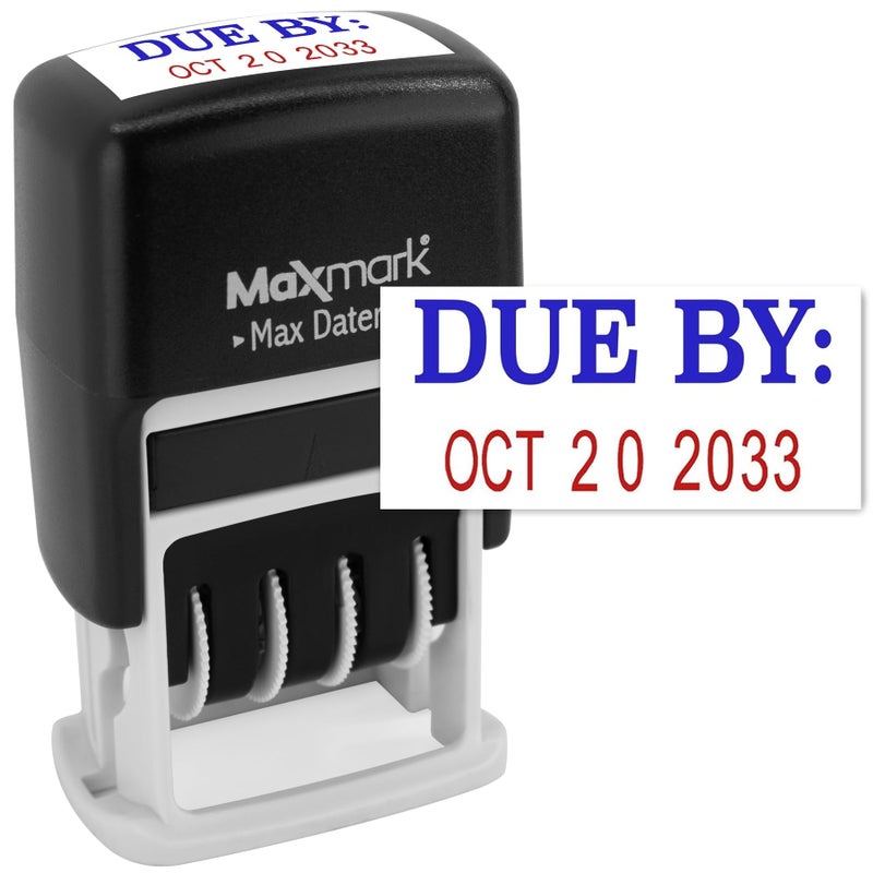 MaxMark Self-Inking Rubber Date Office Stamp with Due by Phrase & Date - 2 Color Blue/Red Ink (Max Dater II), 12-Year Band - Image 1